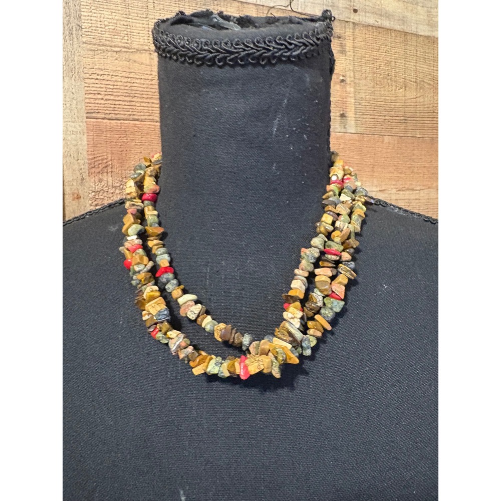 Southwestern 3 Strand Earthy Stone Bead Necklace Green Red Brown J230 9"